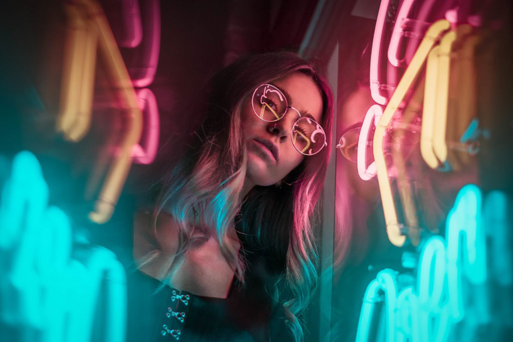 Durham Creative Portrait Bokeh Brandon Woeful Indianapolis Purdue University College Neon Lights Night Street Umbrella Outfits Rain Photo Photography Cinematic Blue Hour