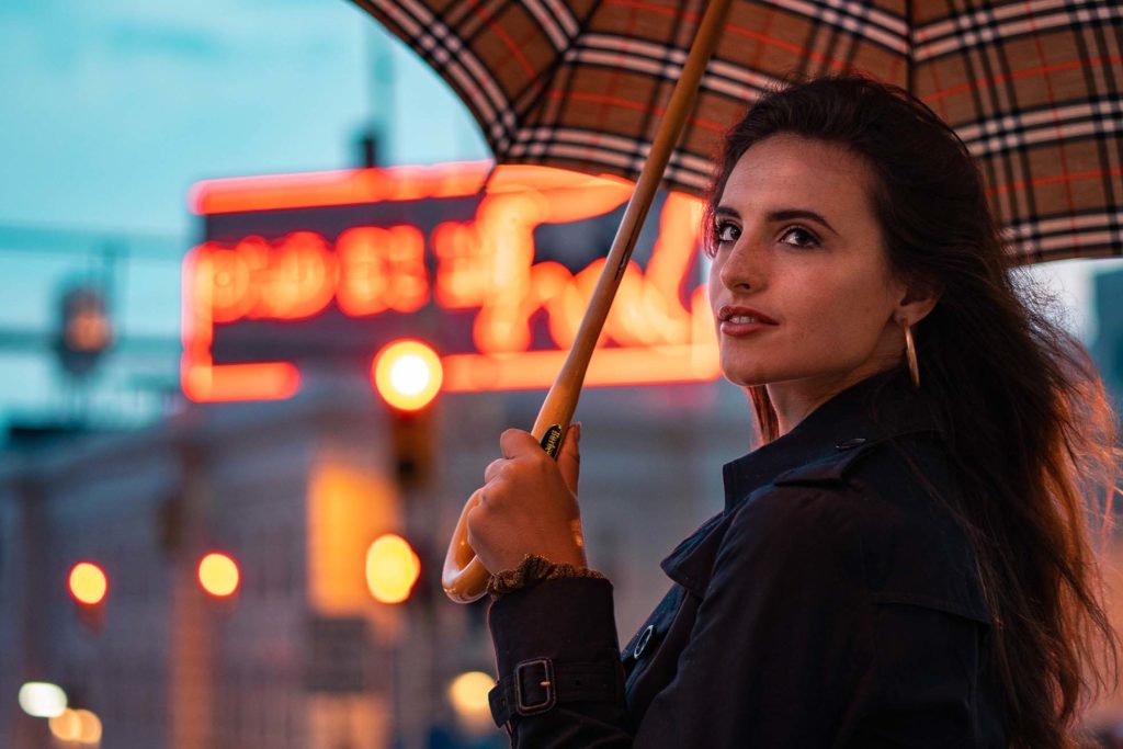 Durham Creative Portrait Bokeh Brandon Woeful Neon Lights Umbrella Outfits Rain Photo Photography Cinematic Blue Hour