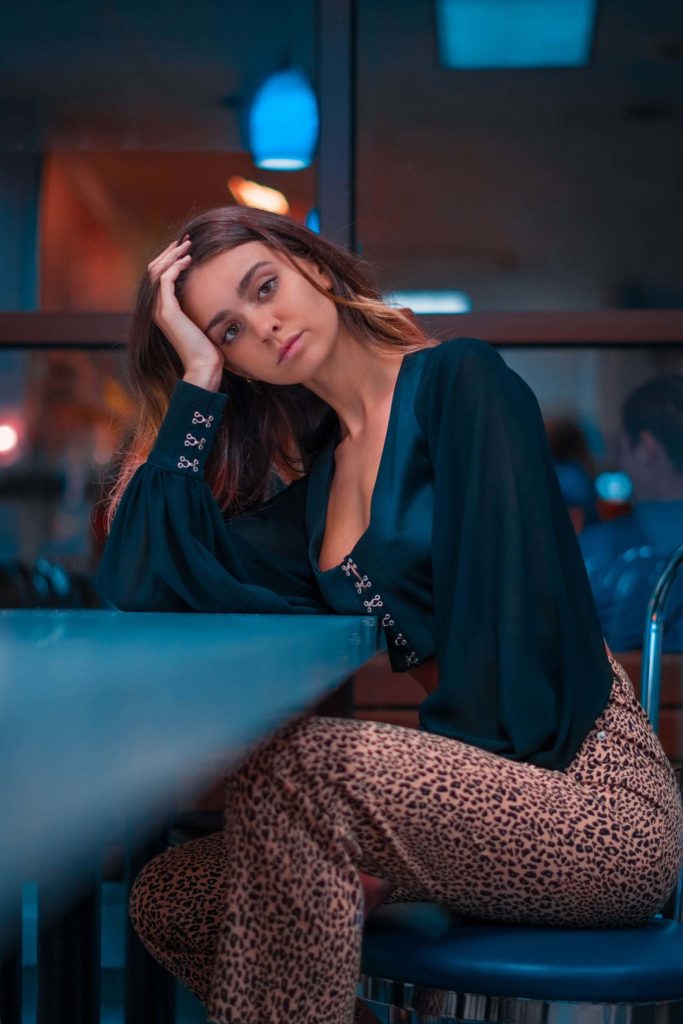 Indiana University Creative Portrait Photo Photography Brandon Woeful Neon Lights Light Colorful Bokeh Model Glasses Reflection Cinematic Teal Orange Purdue University Outfit Ideas Fashion